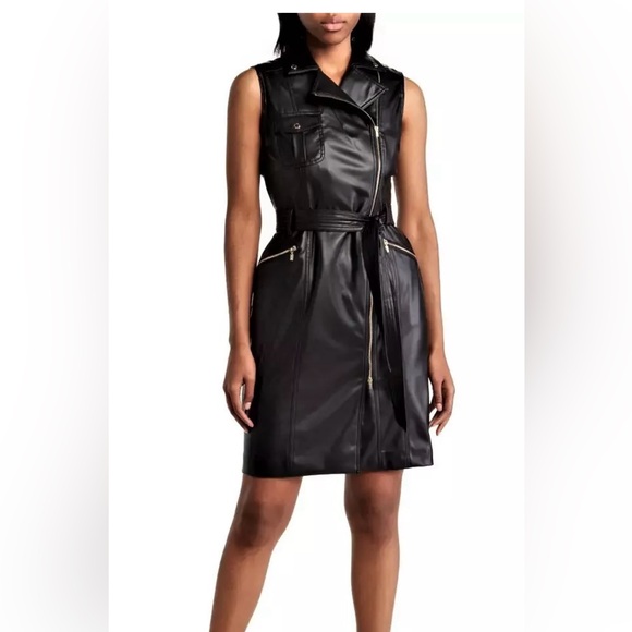 Calvin Klein Faux Leather Moto Dress Size 12 Black - Picture 1 of 11